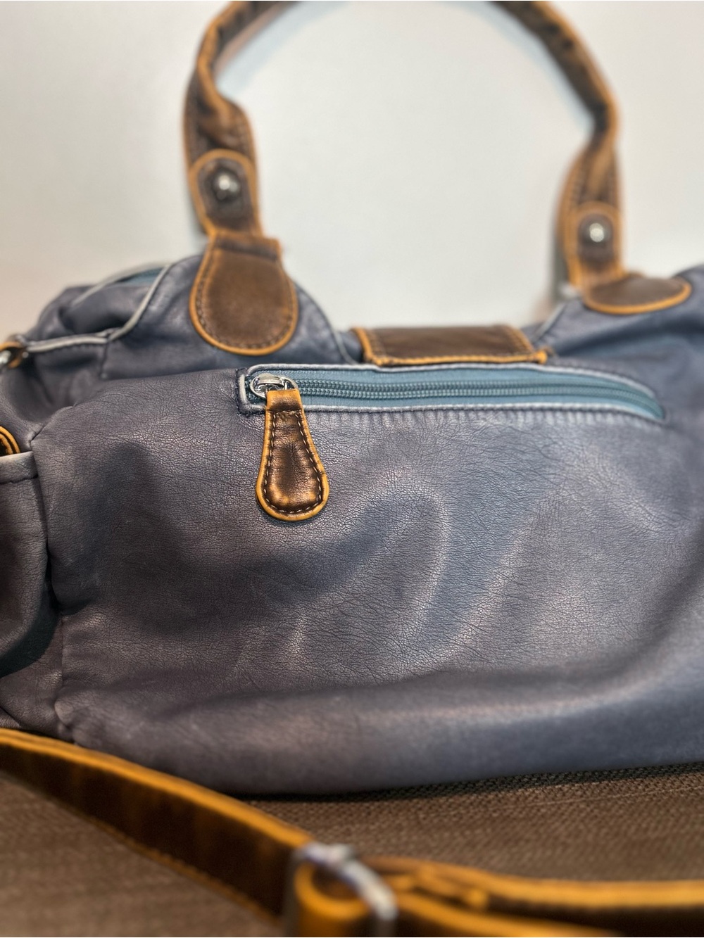 Angel Kiss Two-Tone Buckle Satchel - Navy and Brown - Picture 6 of 10